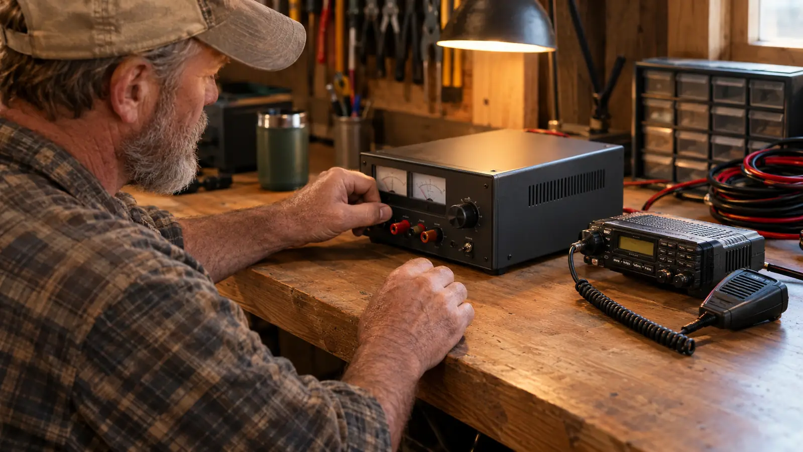 A hand adjusting the front panel of a bench power supply beside a mobile radio on a workbench