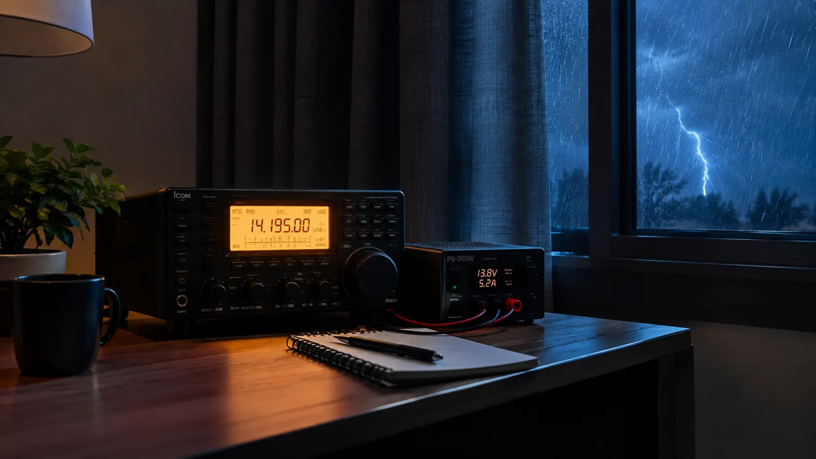 A ham radio bench lit in a dark room during a storm, with a power supply running beside the radio
