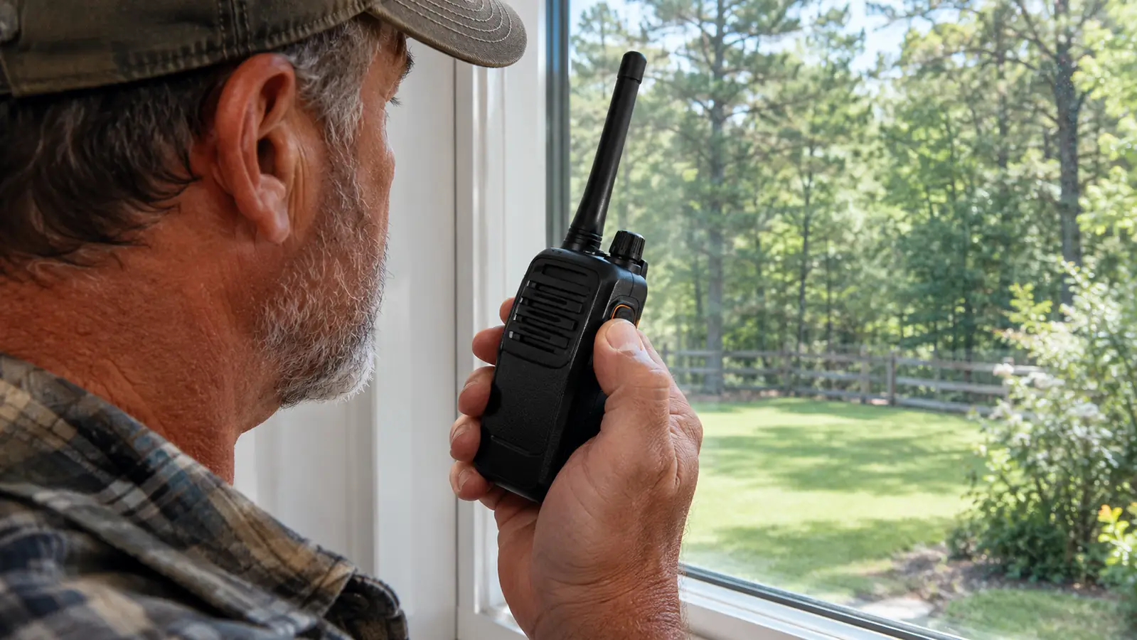 A hand holding the Baofeng handheld radio up near a window, thumb on the push-to-talk button.