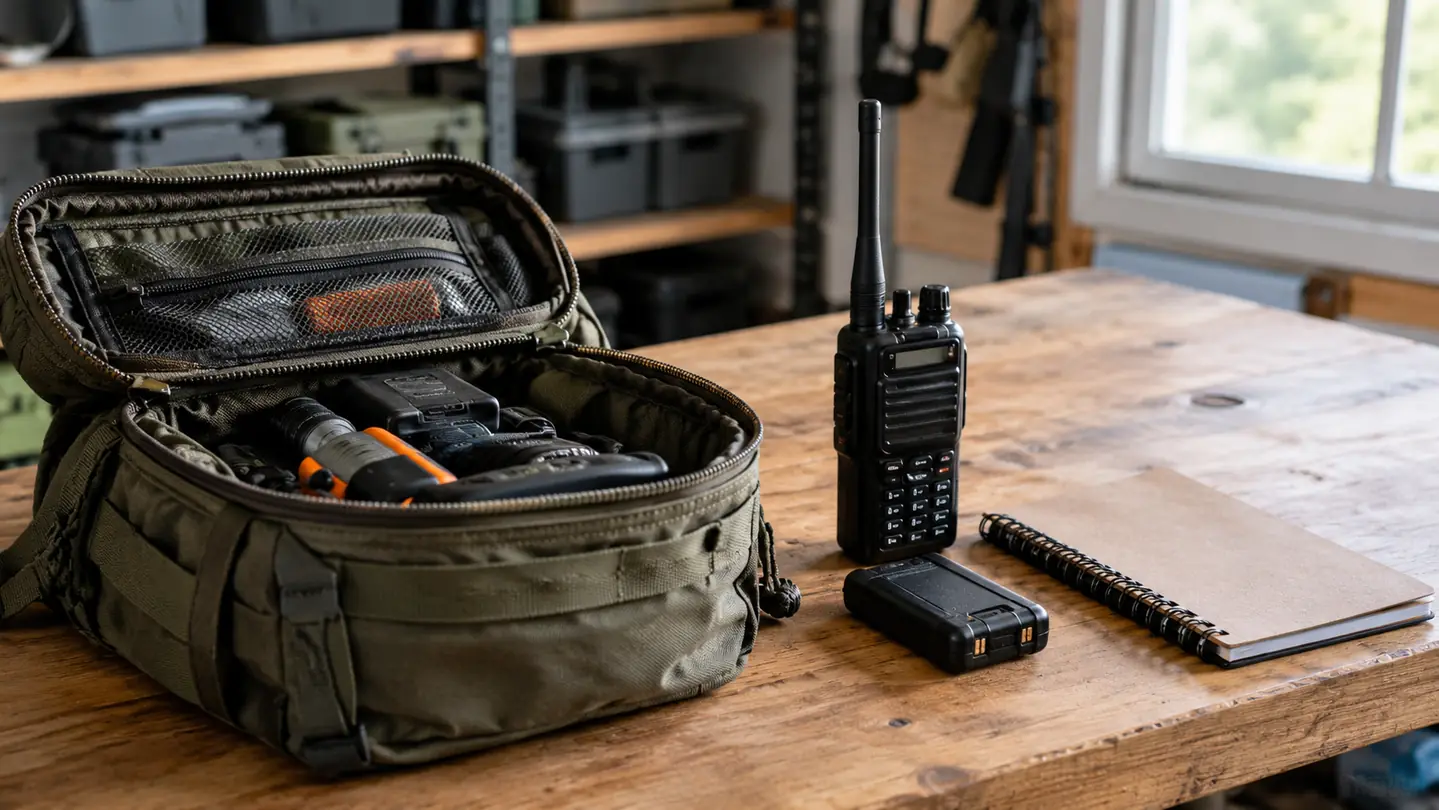 A go-bag on a workbench with a handheld radio, a spare battery, and a notepad beside it.