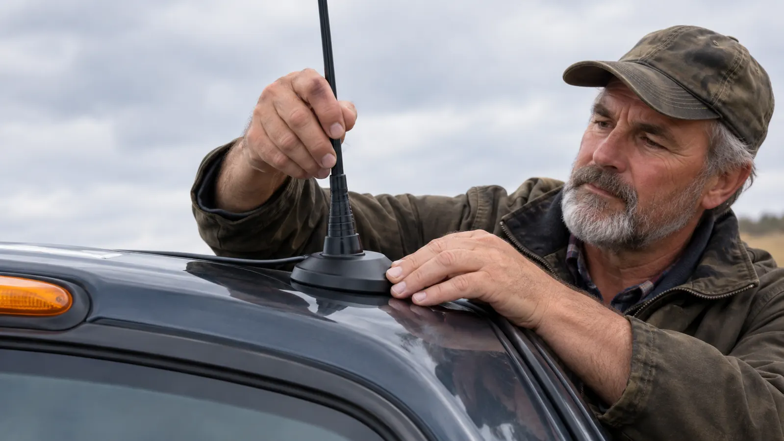 A hand placing a magnetic mount antenna on a truck cab roof