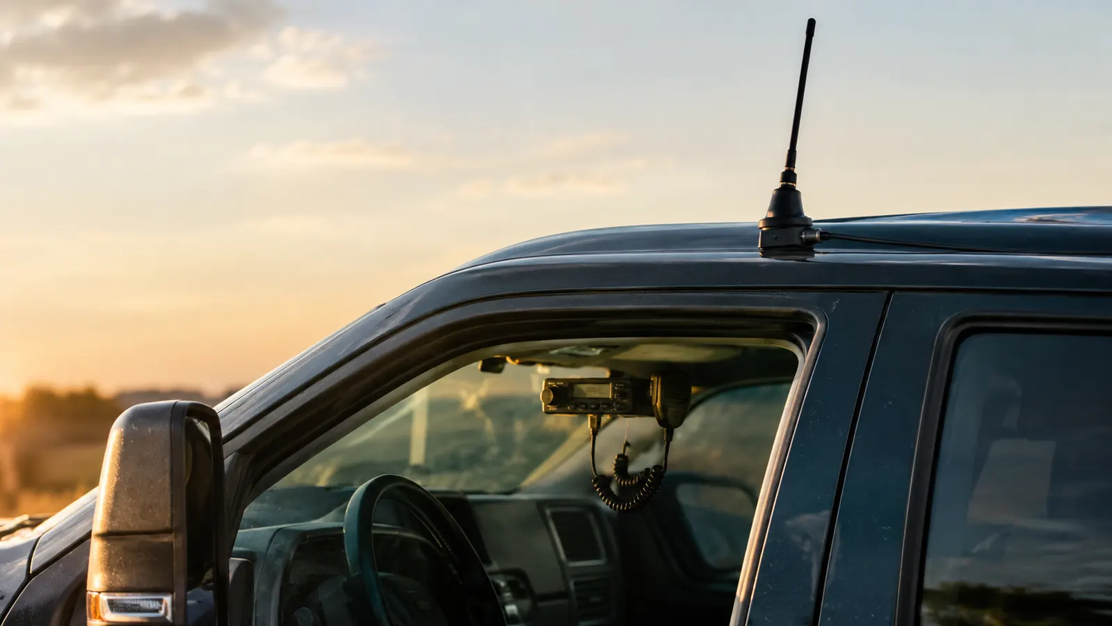 The antenna mounted on a truck roof beside a two-way radio inside the cab