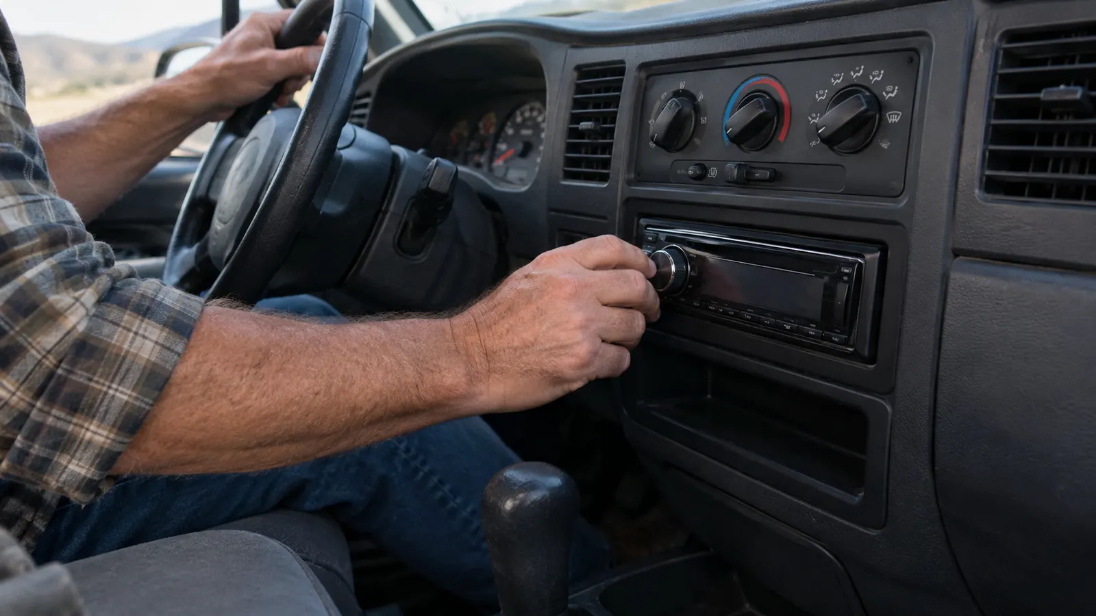 A hand reaching toward a mobile radio mounted under a truck dash