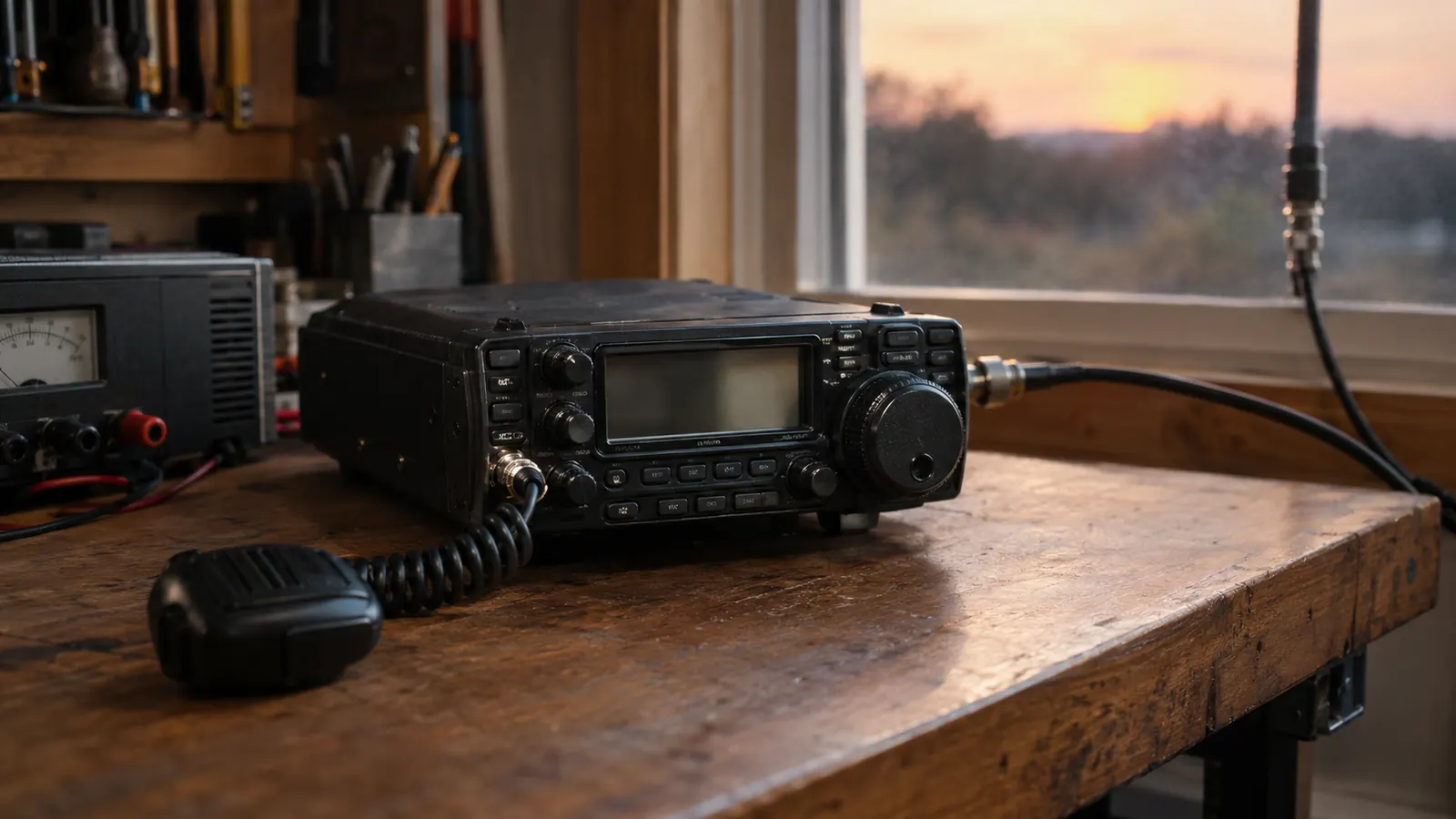 A mobile ham radio sitting on a workbench next to a power supply with an antenna cable running toward a window