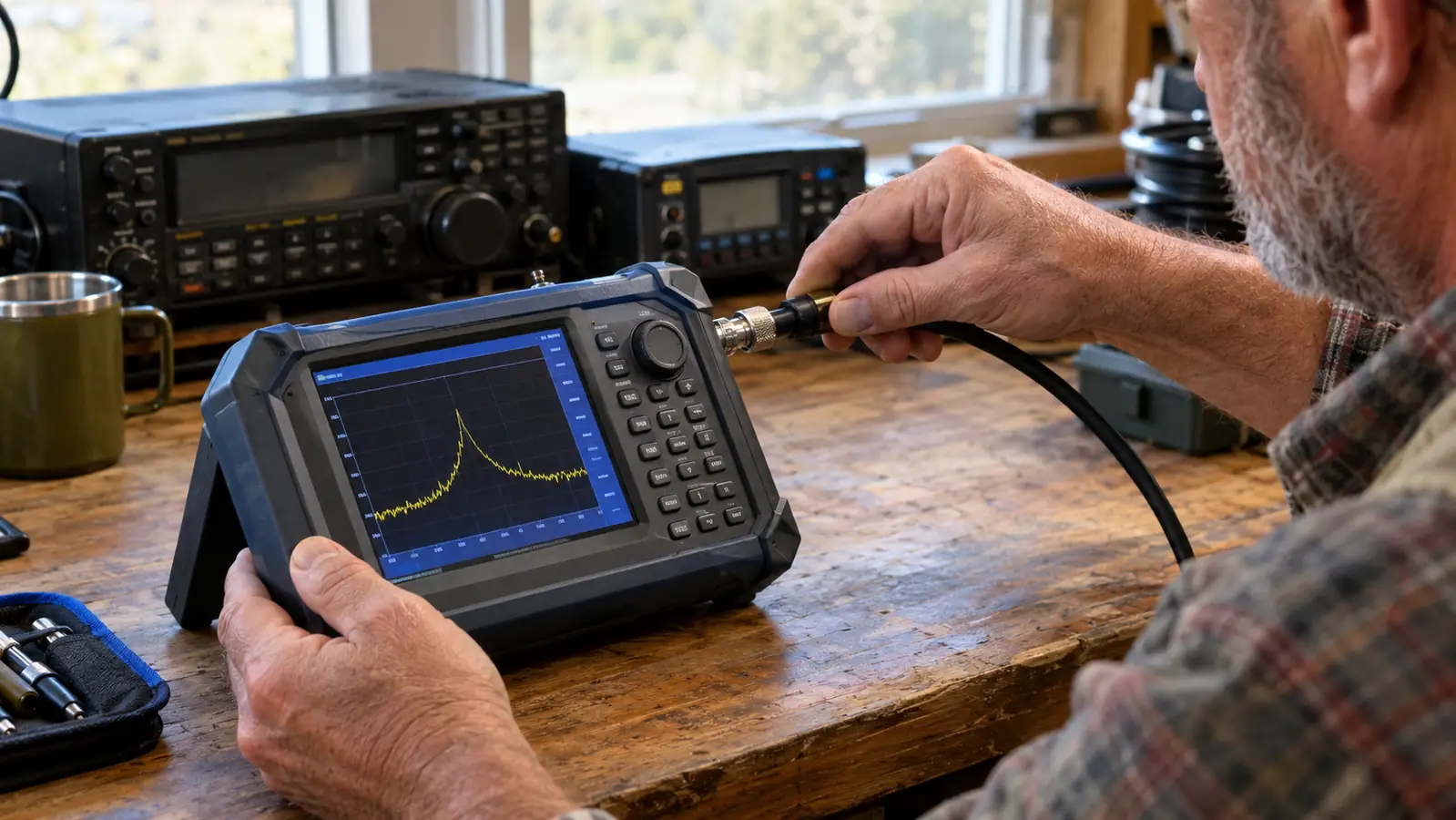 A hand connecting a coax cable to the antenna analyzer on a workbench