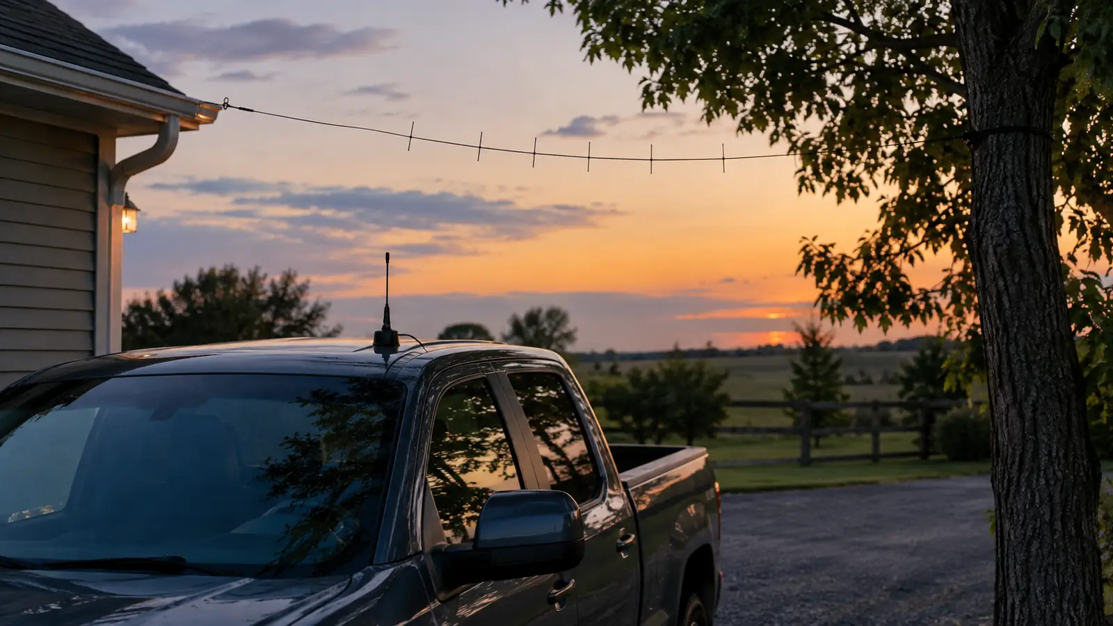 A backyard wire antenna at dusk with a pickup truck in the drive