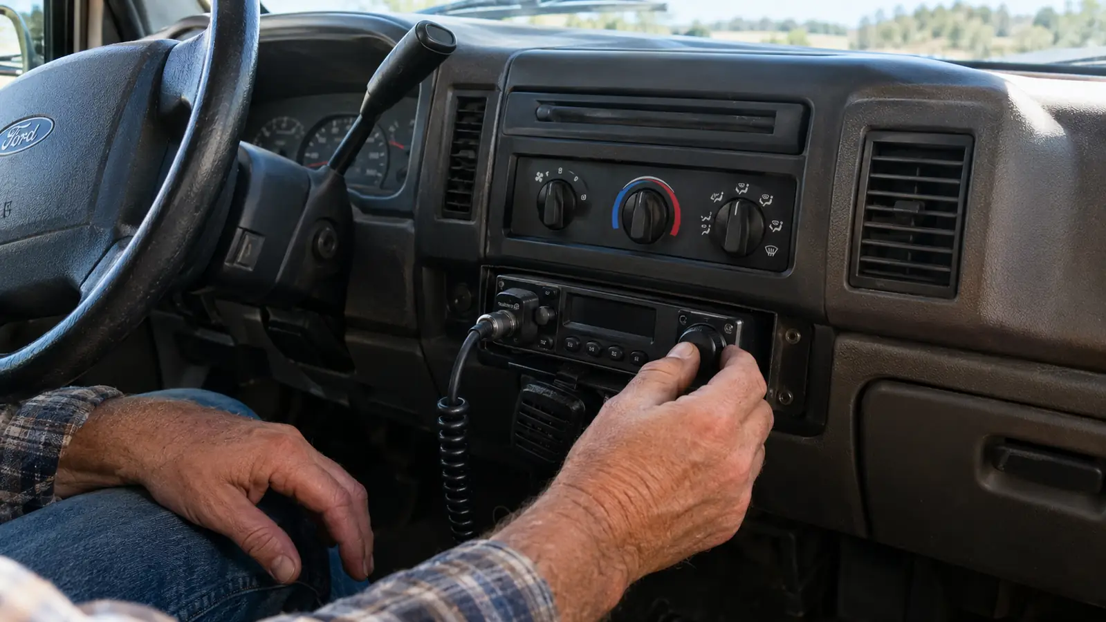 A hand reaching toward a mobile radio mounted under the dashboard of a pickup truck