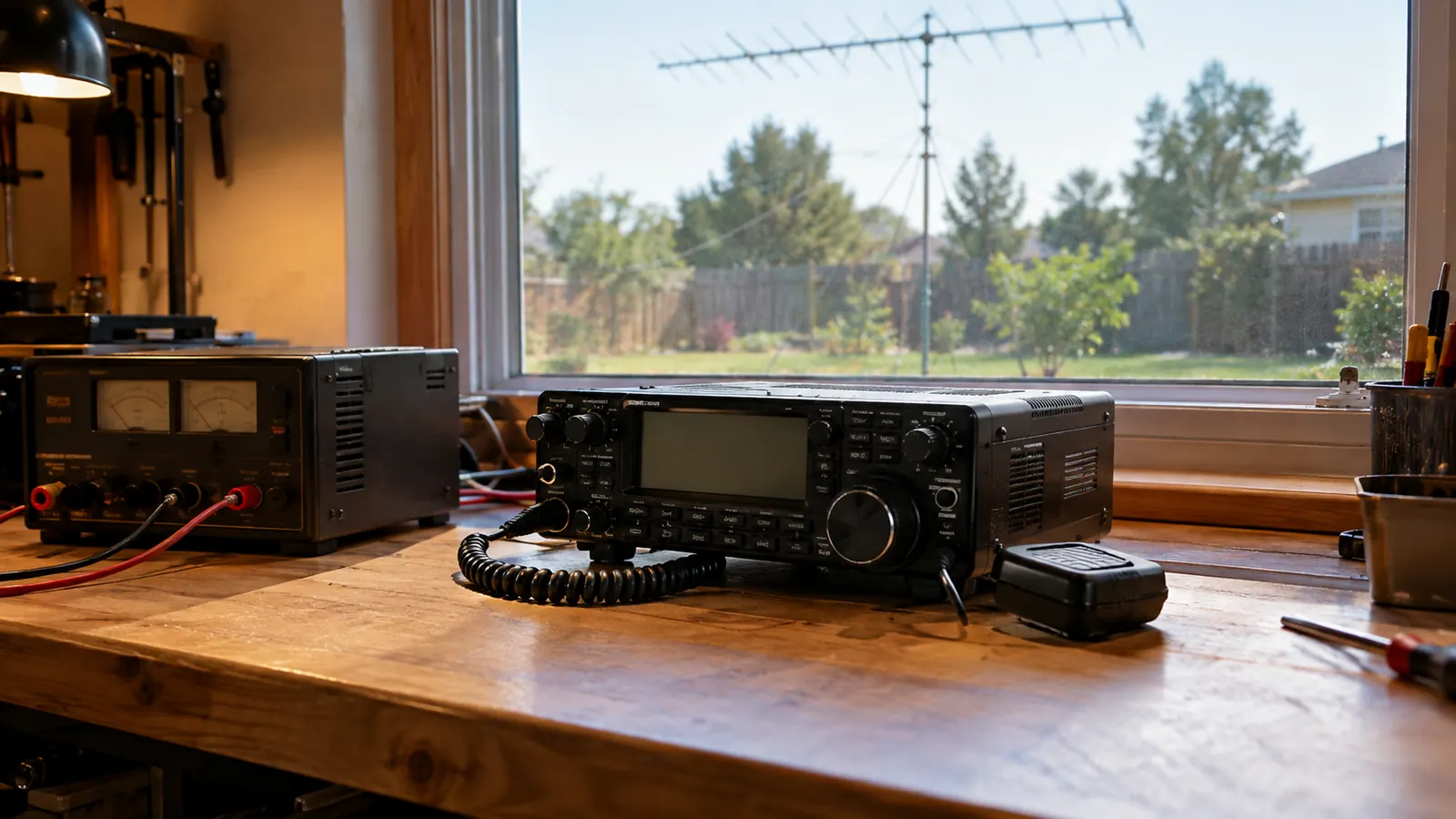 A mobile radio sitting on a workbench beside a power supply, with a window and backyard visible in the background