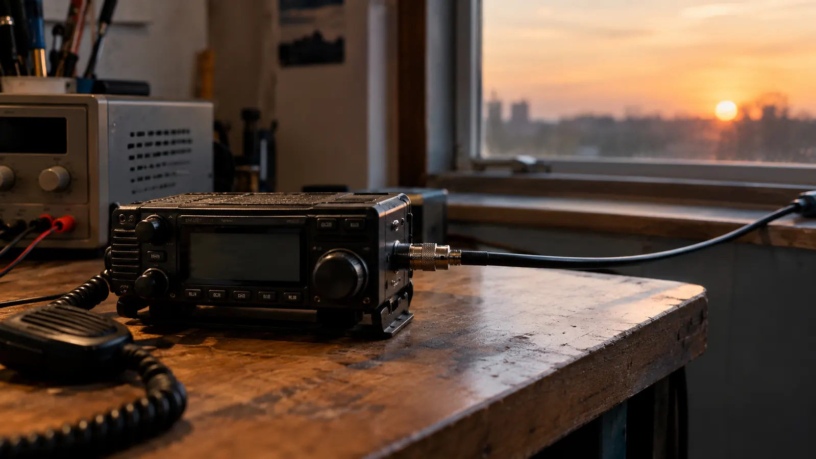A mobile radio sitting on a workbench next to a power supply, with a cable running toward a window