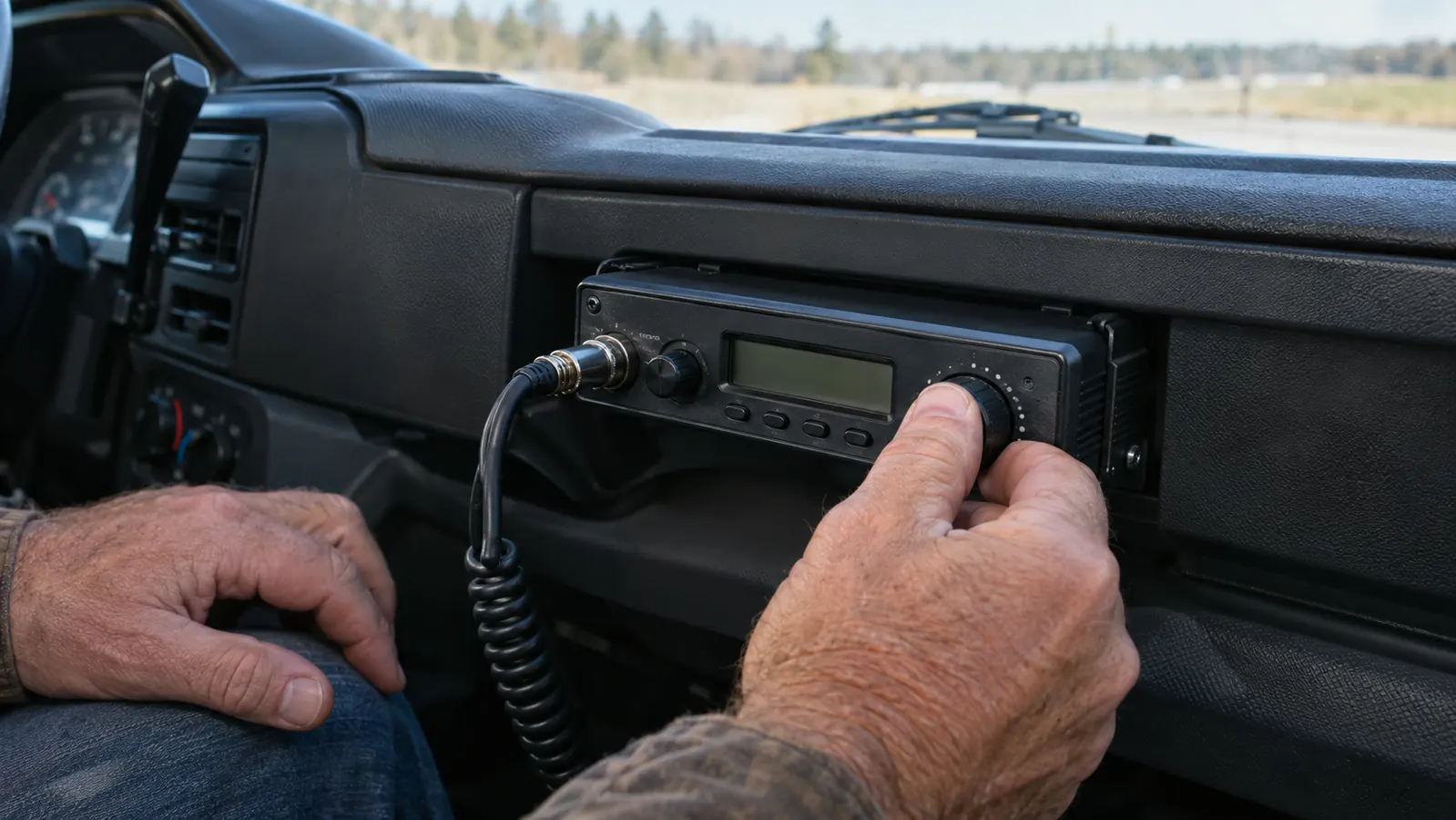 A hand reaching for the controls of a mobile radio mounted under a pickup truck dashboard.
