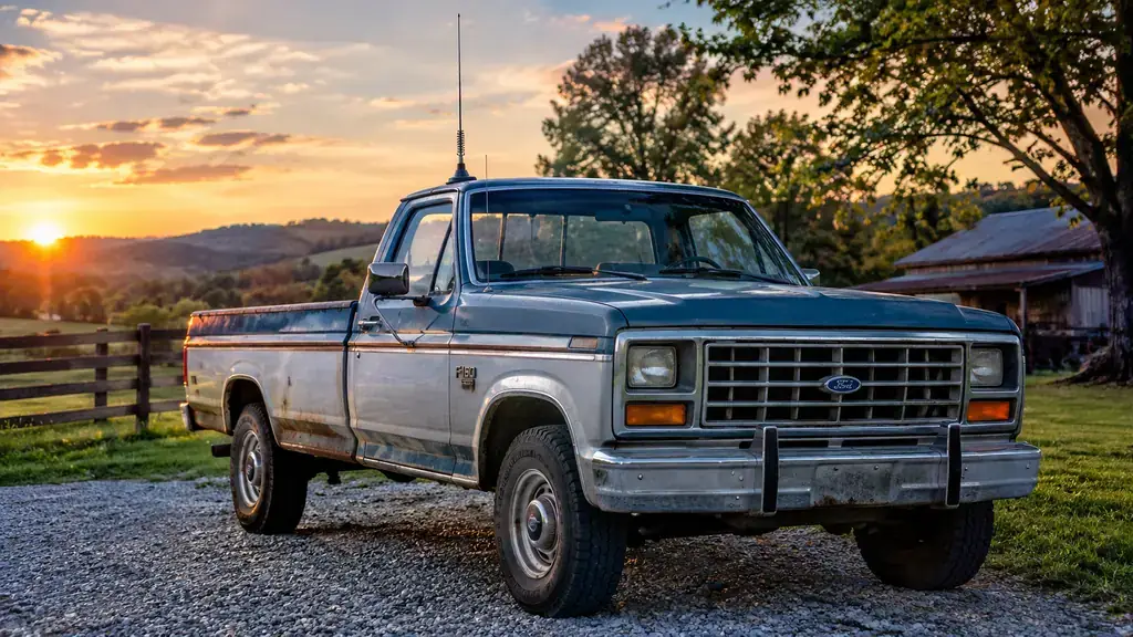 An older pickup truck parked in a gravel drive with a dual-band magnetic-mount antenna on the cab roof.