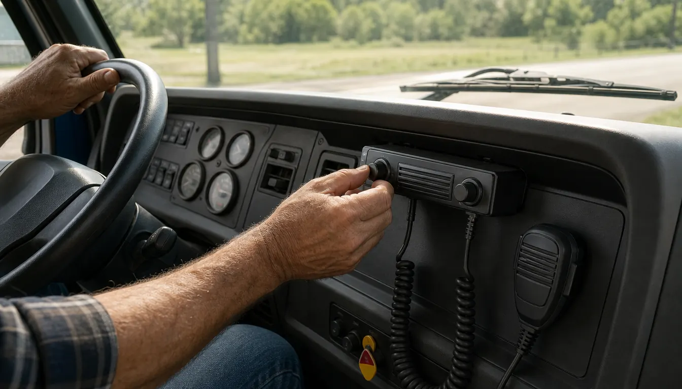 A hand adjusting a mobile radio under a truck dash