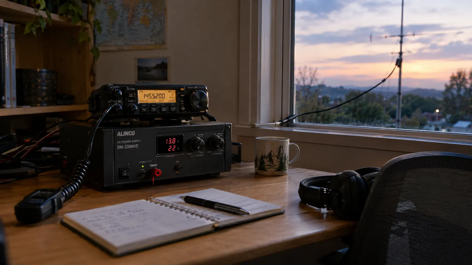 A ham radio bench with a mobile radio and power supply