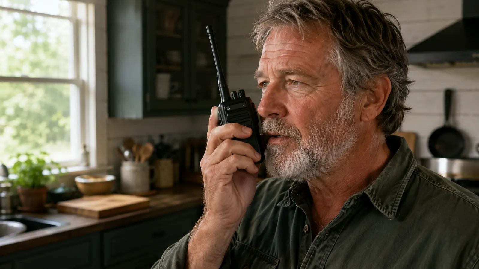 A hand holding a handheld radio up near an ear to talk