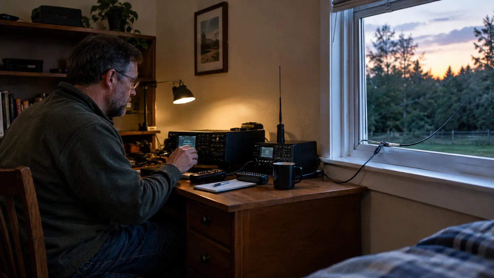 A small radio bench in a spare bedroom with an antenna lead running out an open window