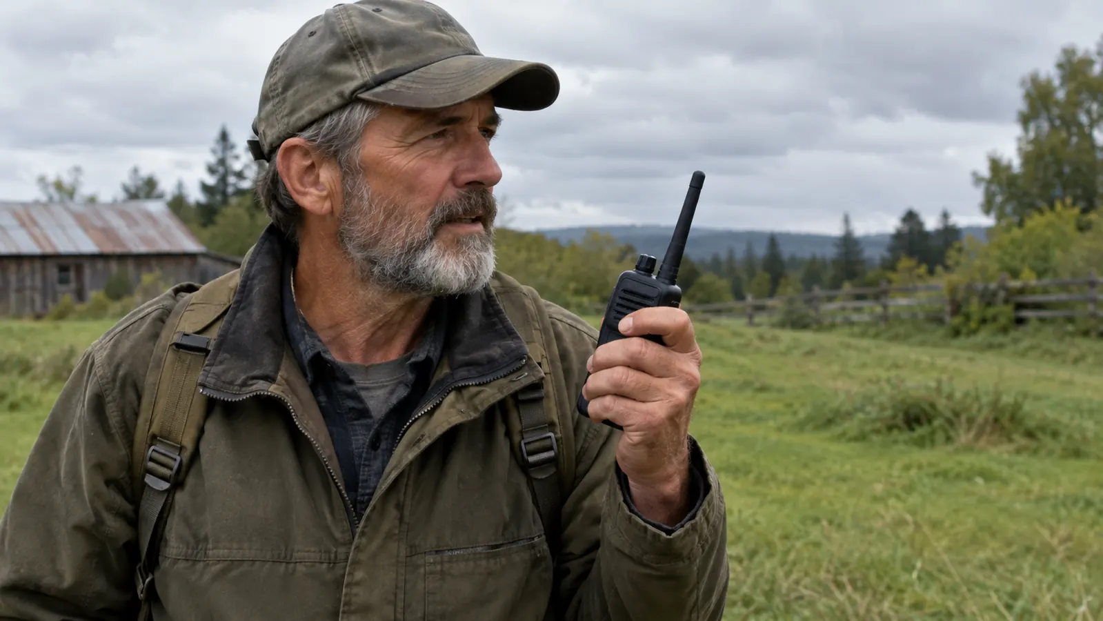 A hand holding a handheld two-way radio up near shoulder height while walking across a grassy yard