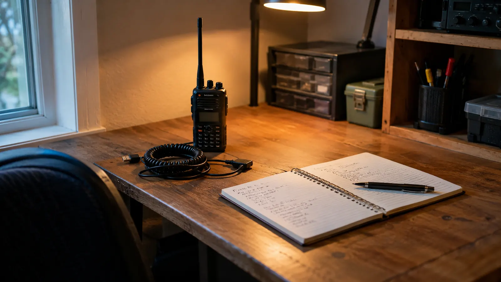 A handheld two-way radio on a workbench beside a coiled programming cable and a notebook
