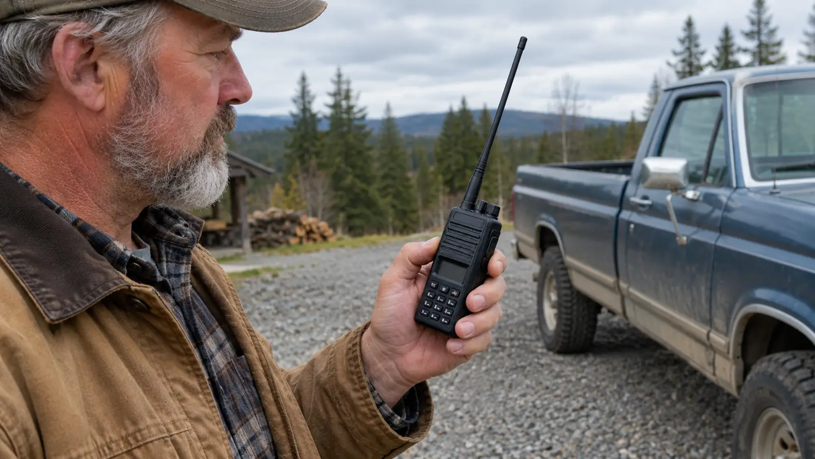 A hand holding a handheld two way radio with the antenna extended, outdoors beside an older pickup truck