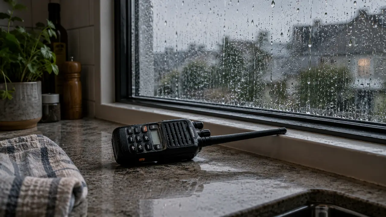 A handheld radio on a kitchen counter near a window during a storm