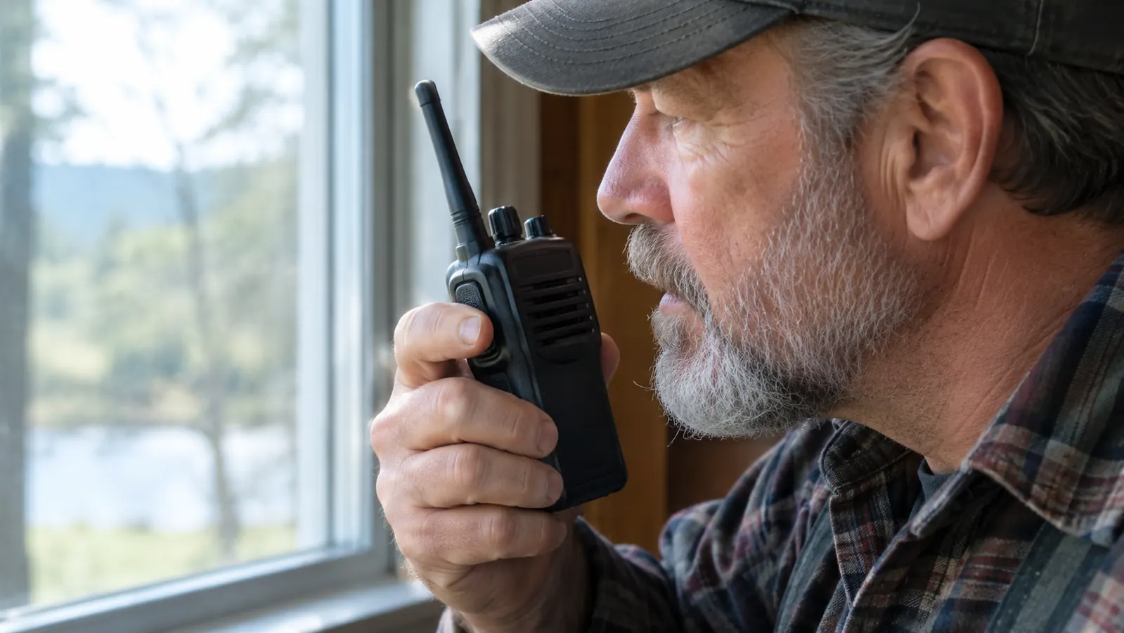 A hand holding a handheld ham radio up near a window, thumb on the push-to-talk button