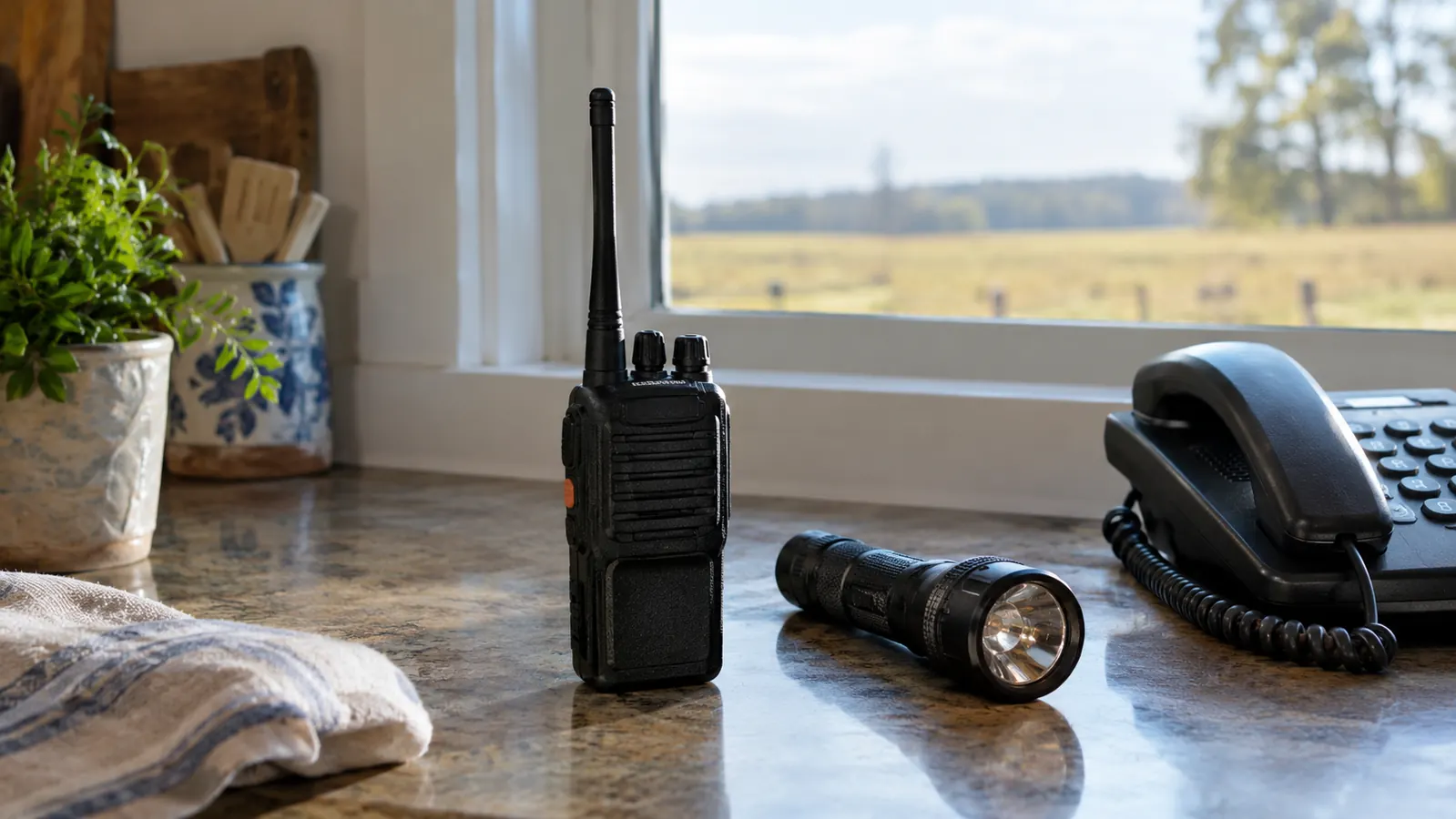 A handheld radio standing on a kitchen counter beside a flashlight and a corded telephone
