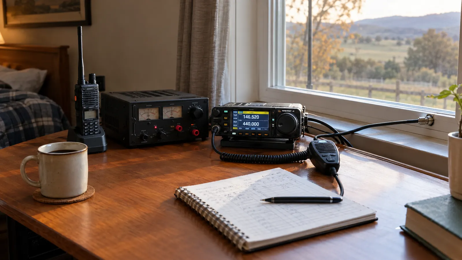 A tidy home ham radio station on a wooden desk by a window, with a mobile radio, a handheld and a bench power supply