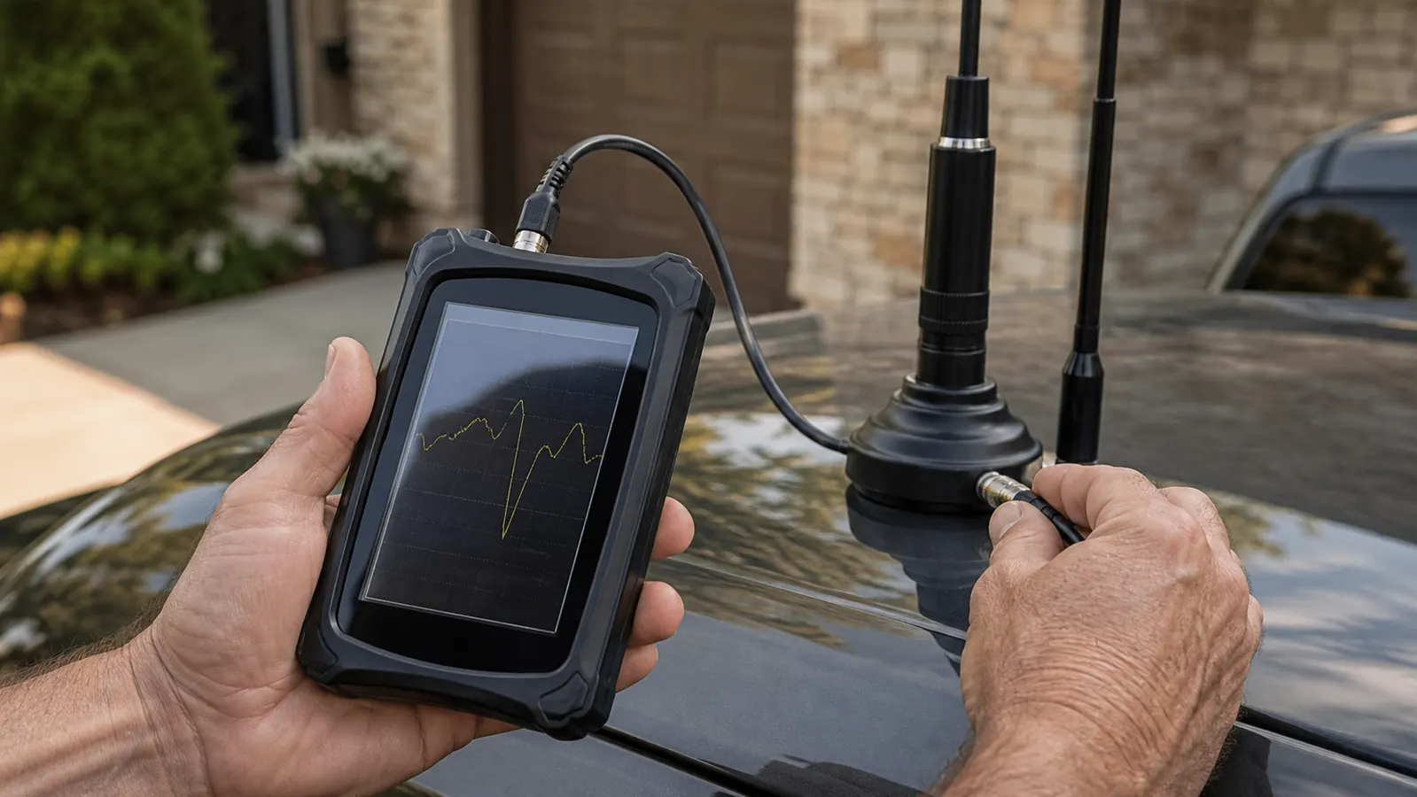 A hand holding the analyzer connected to the base of a vehicle antenna mounted on a pickup truck roof.