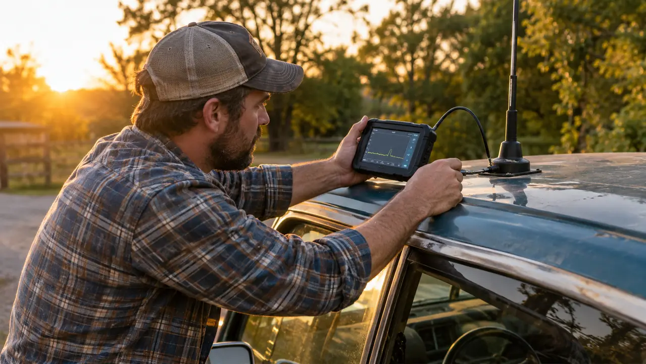A person standing beside a pickup truck in a driveway, holding the analyzer up to the antenna base.