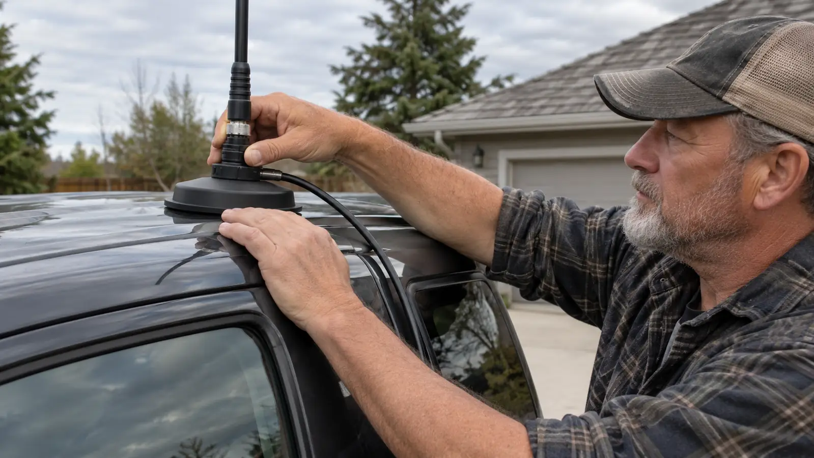A hand tightening a dual-band antenna mount on the roof of a pickup truck cab