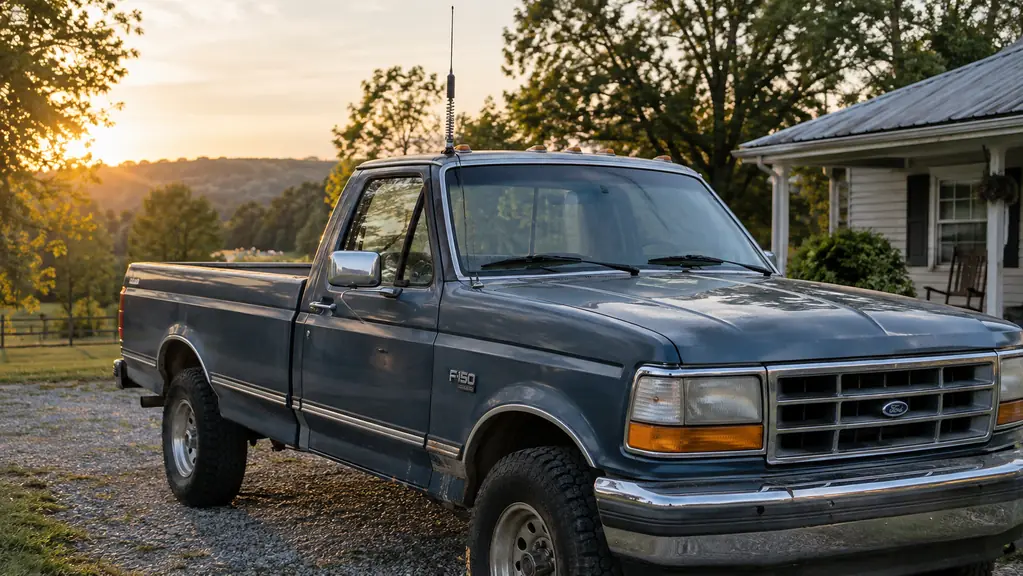A pickup truck parked in a gravel driveway with a dual-band antenna on the cab roof