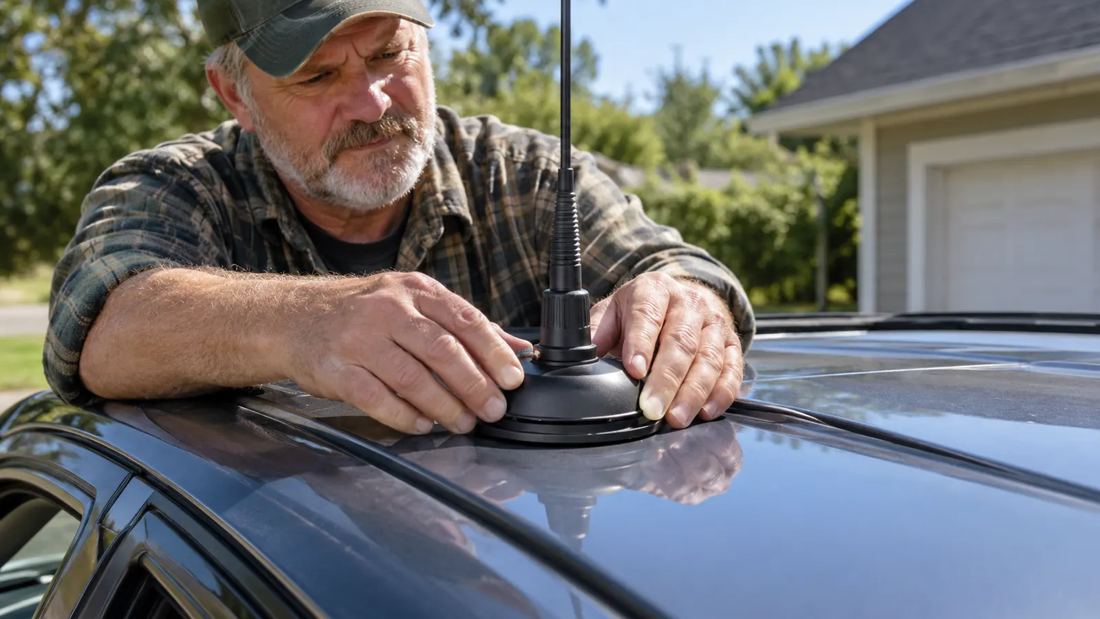 A hand placing a magnetic mount antenna on the roof of a truck