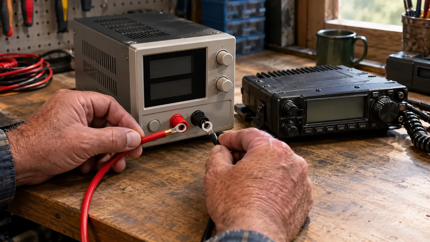 Hands connecting a DC power cable to the output terminals of a bench power supply