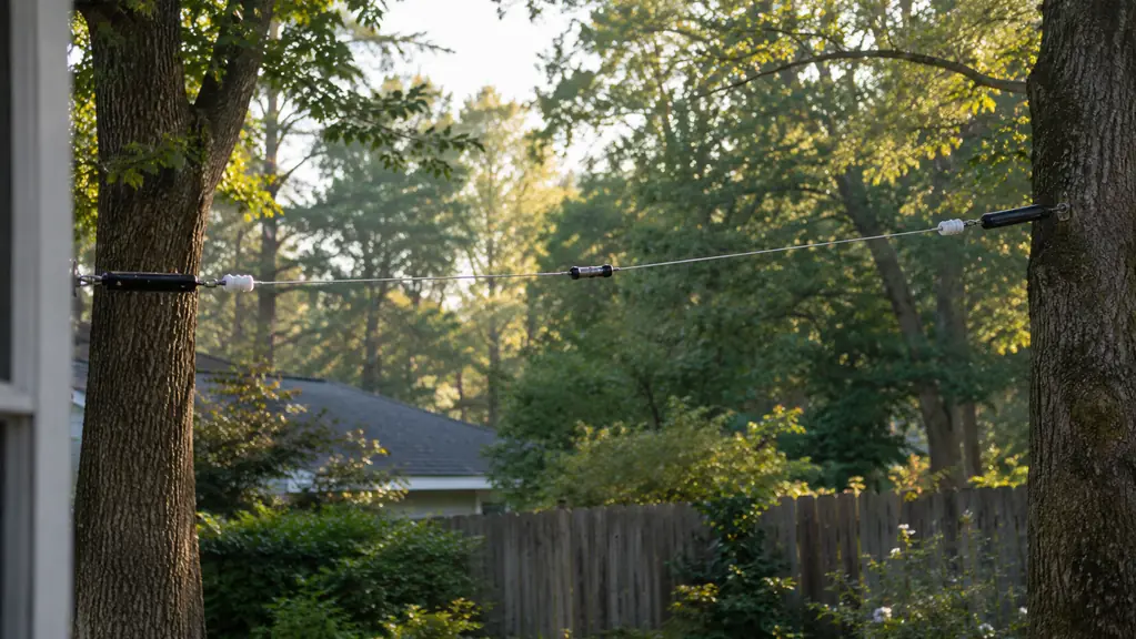 Backyard wire antenna between two trees, seen from a window