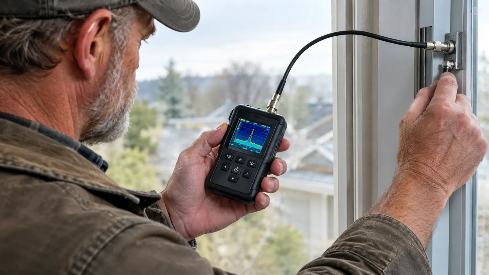A hand holding a small handheld analyzer while a coax cable is connected to the antenna feed point