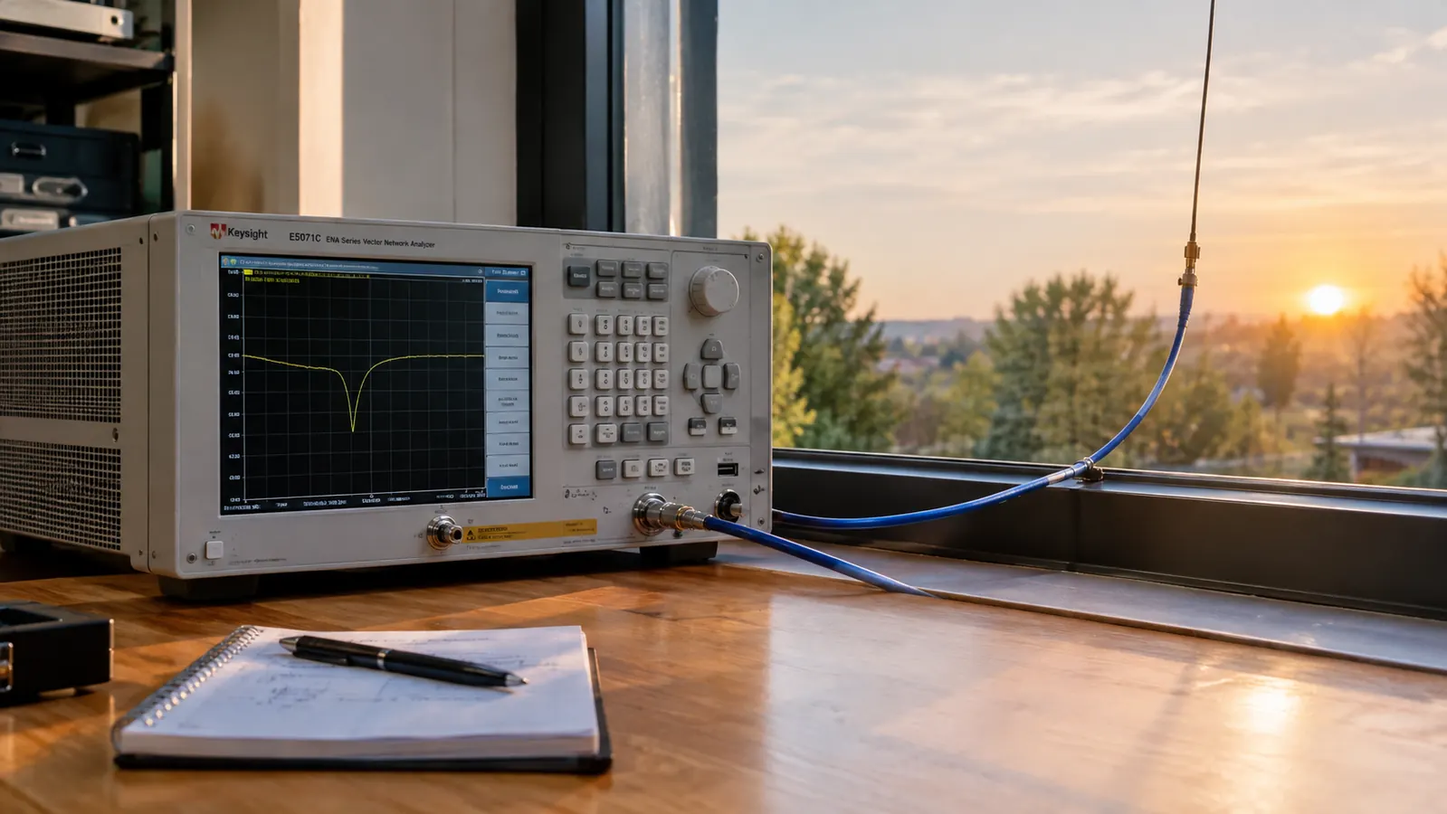The NanoVNA-H on a bench with a wire antenna running out an open window