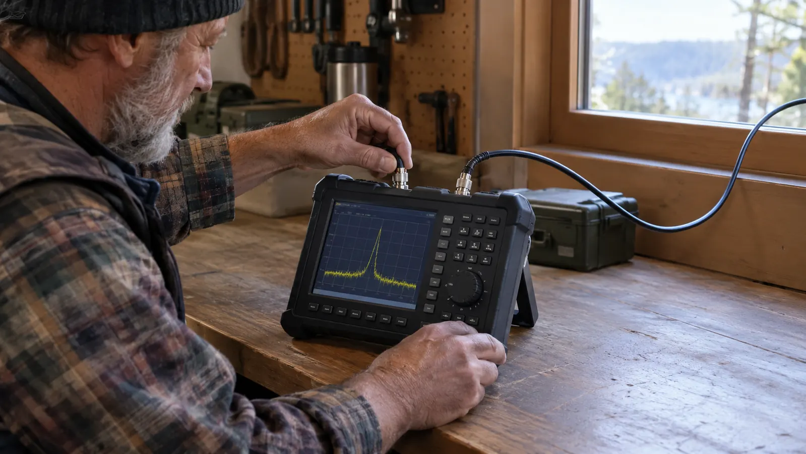 A hand connecting a coax cable to a vector network analyzer on a bench