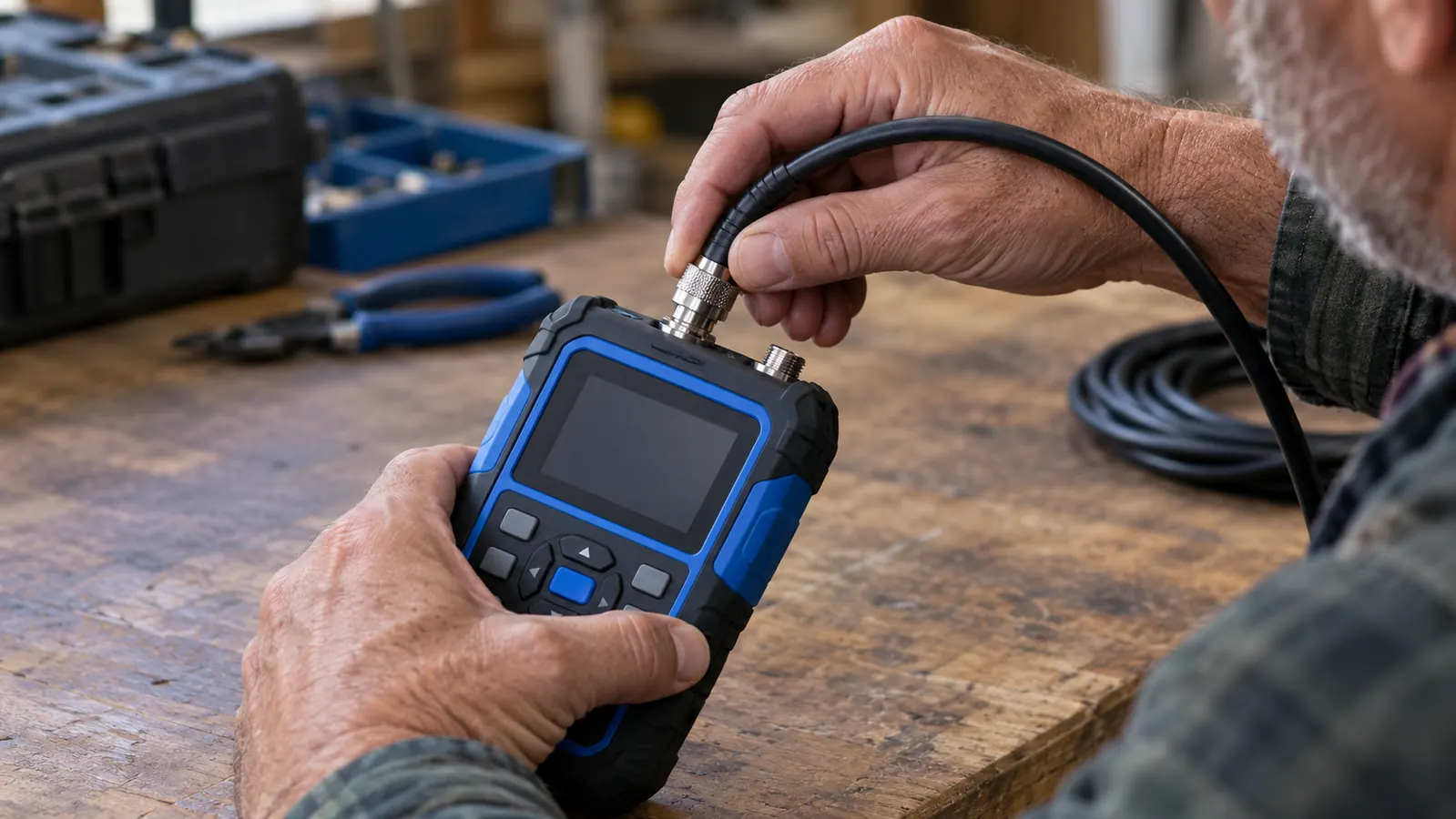 A hand connecting a coax cable to a compact test instrument on a bench