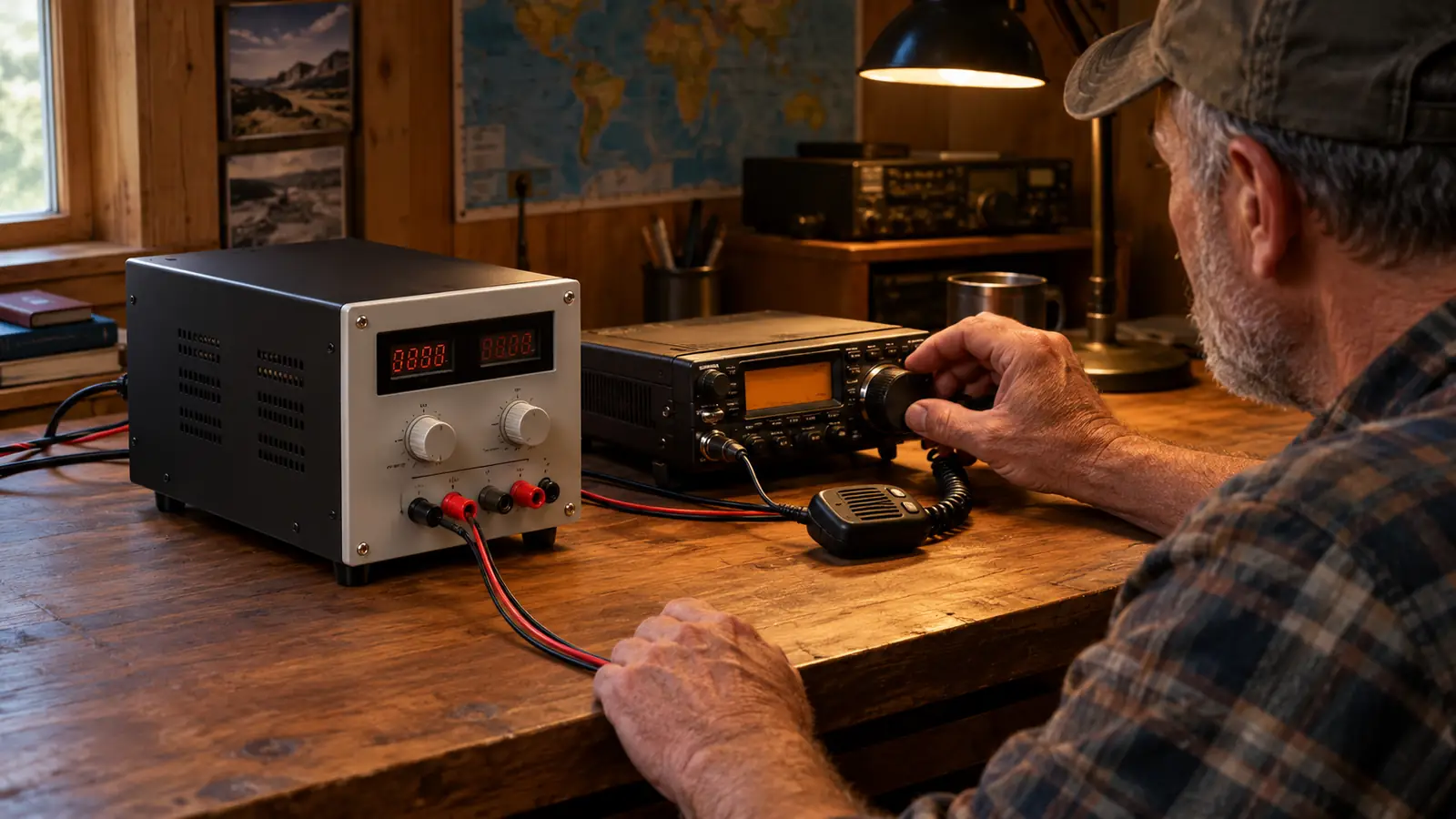 A DC power supply on a workbench beside a mobile ham radio, with a hand reaching to adjust the radio