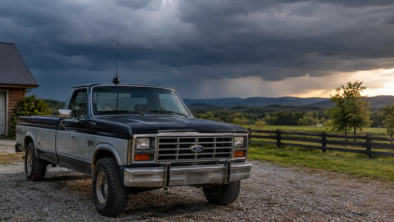 An older pickup truck in a gravel driveway with a magnetic-mount antenna on the cab roof and storm clouds building in the distance