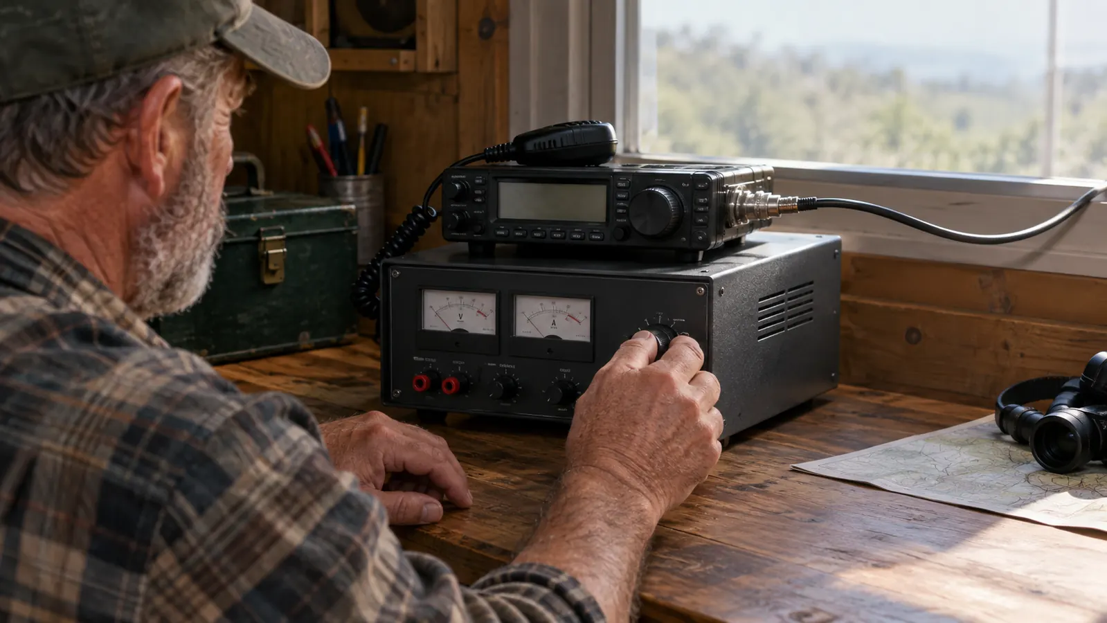A hand reaching to adjust a knob on the front of the power supply while a radio sits on the bench above it