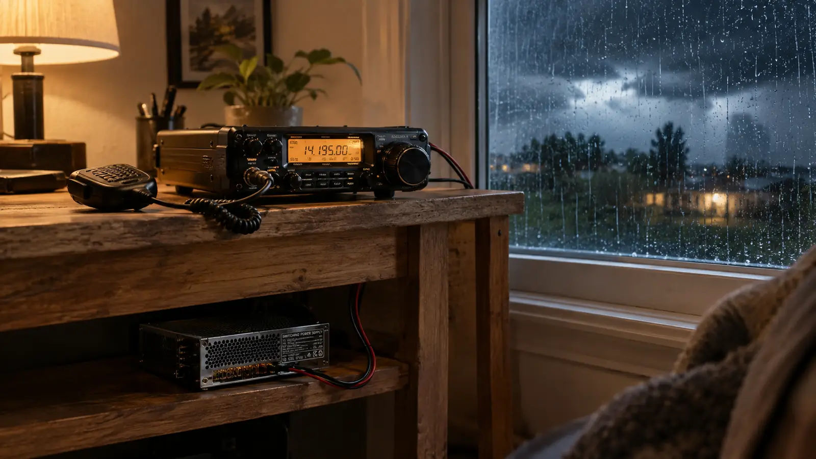 A mobile radio set up on a bench inside during a storm, powered by a supply on the shelf below, rain streaking the window