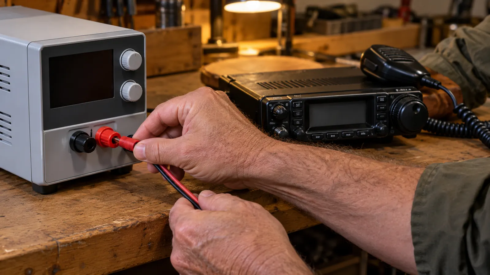 Hands connecting a radio power cable to the terminals on the power supply on a workbench