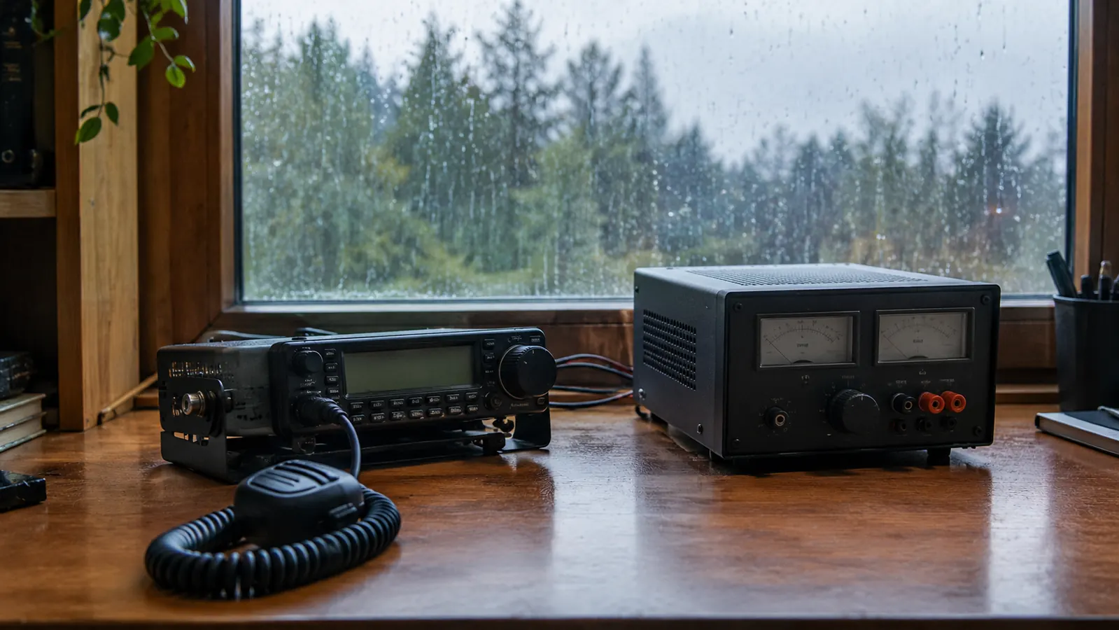 A mobile radio set up on a bench with a power supply beside it while rain falls outside the window