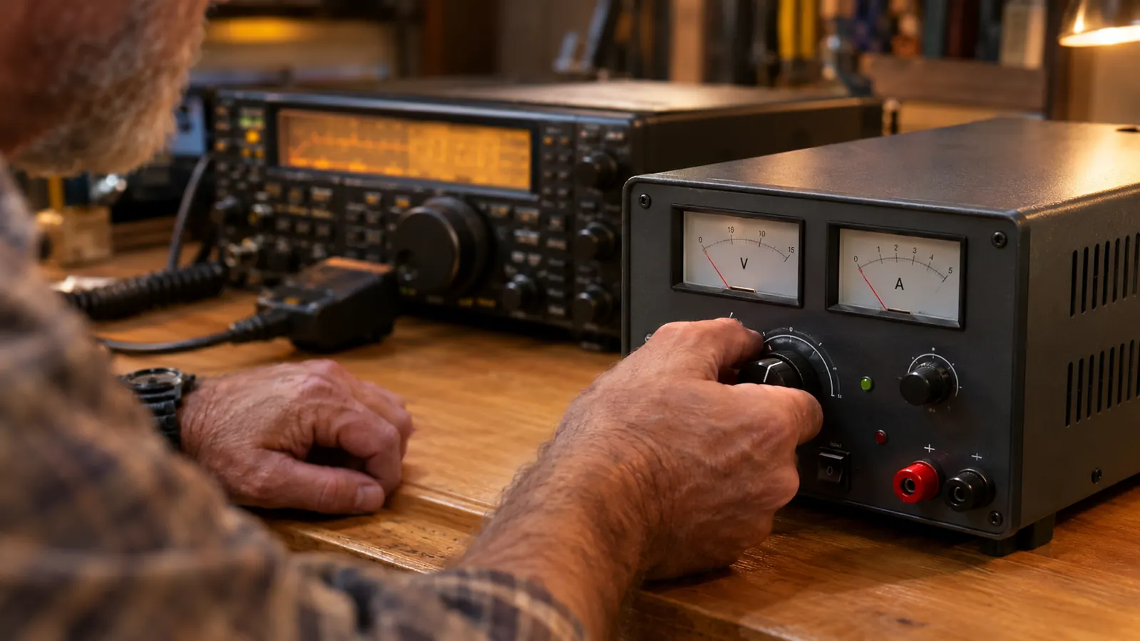 A hand reaching toward the front panel of a bench power supply to adjust a knob, with a radio on the desk behind it
