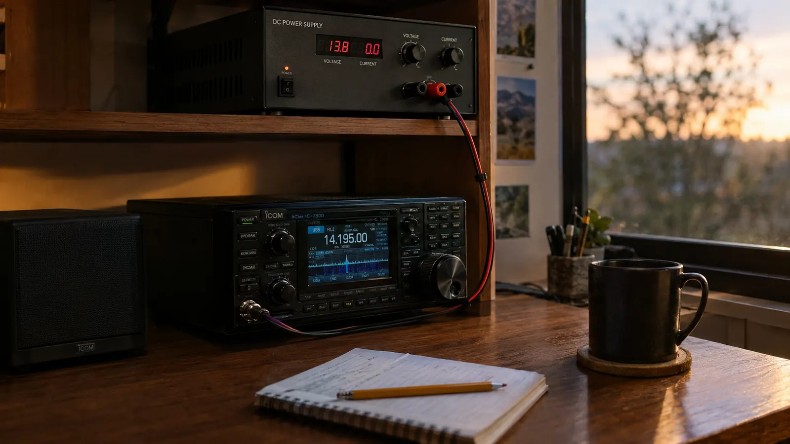 A bench power supply mounted on a shelf above a radio, with a power cable running down to the transceiver