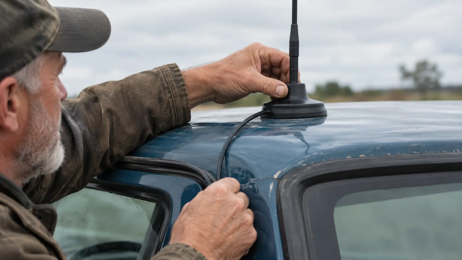 A hand setting a magnetic mount antenna on the roof of a pickup truck cab, coax cable running toward the cab