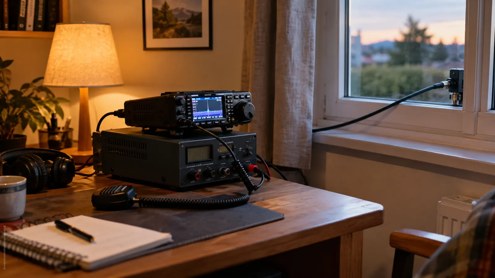 A corner radio bench in a spare bedroom, a mobile radio sitting on a power supply near a window, warm lamp light