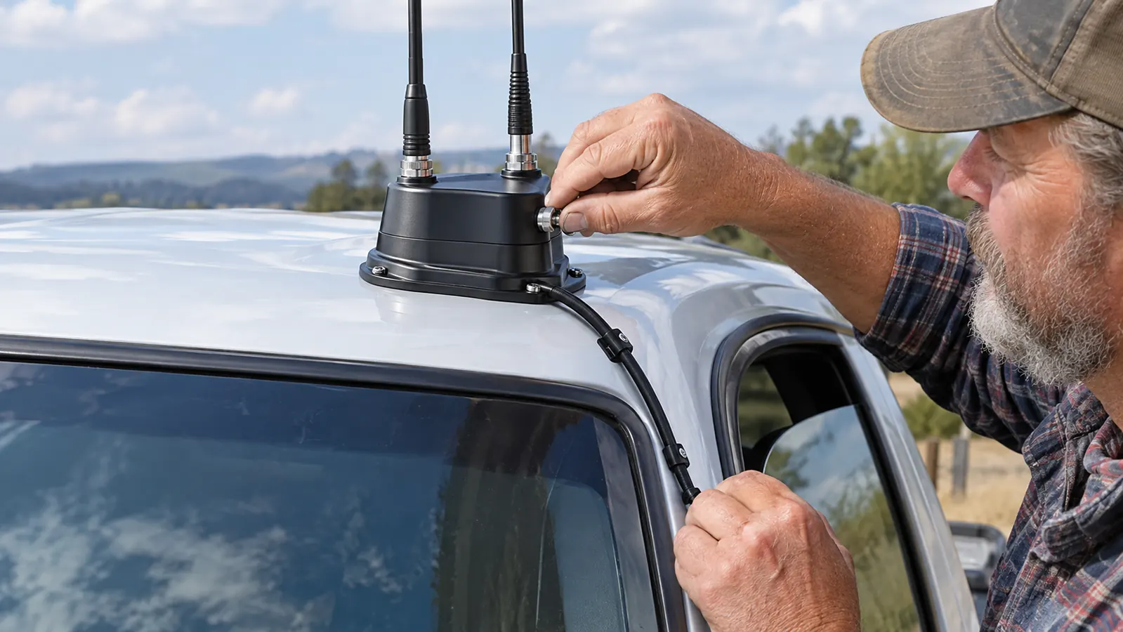 Close view of the antenna base on a truck roof with the coax cable running down the windshield pillar