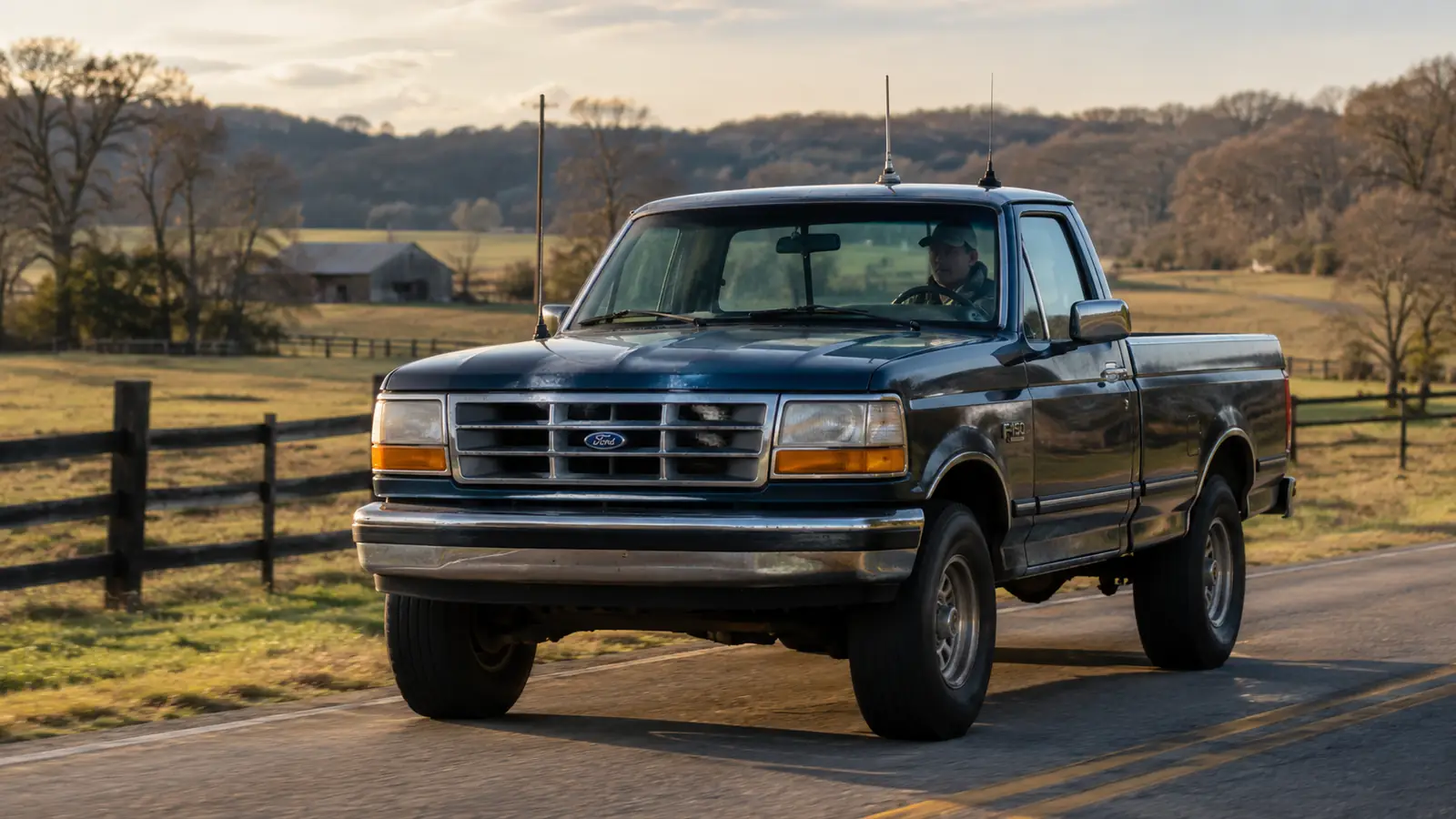 Pickup truck driving on a rural county road with a dual band antenna on the cab roof