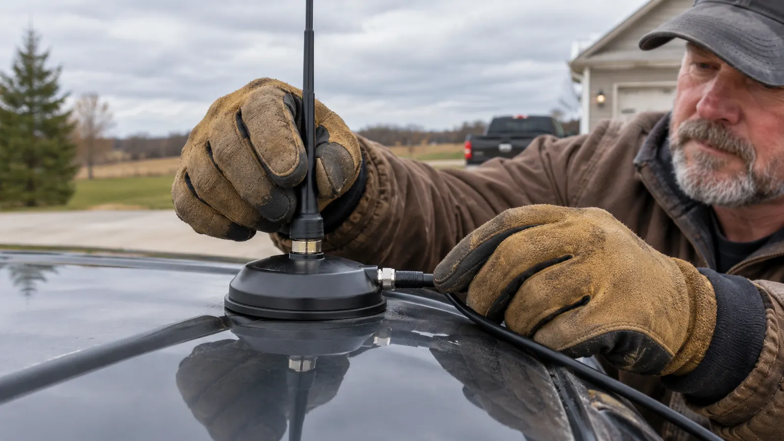A hand adjusting a dual band antenna on a magnetic base on a truck cab roof
